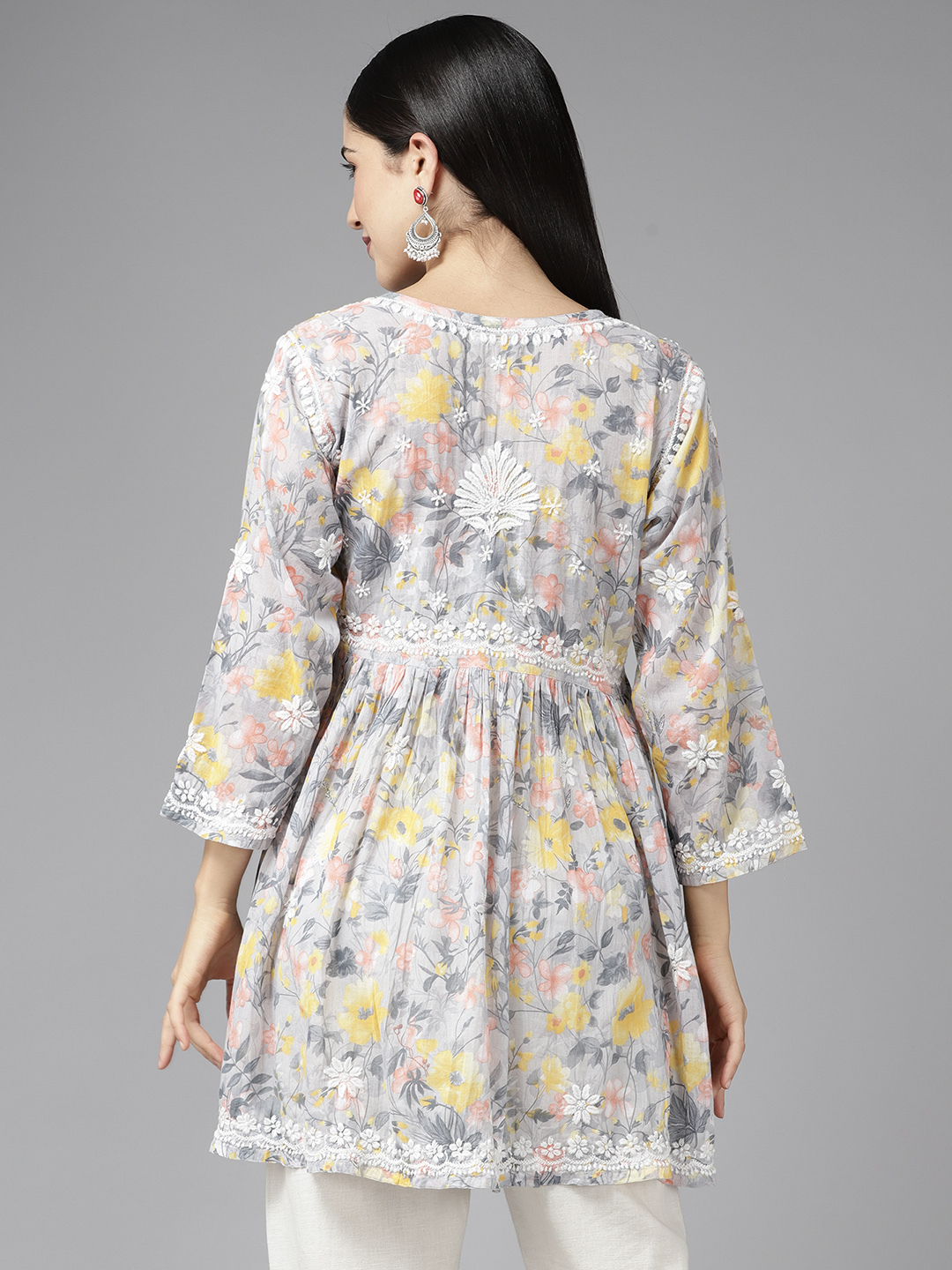 Grey & Yellow Cotton Floral Chikan A-Line Kurti