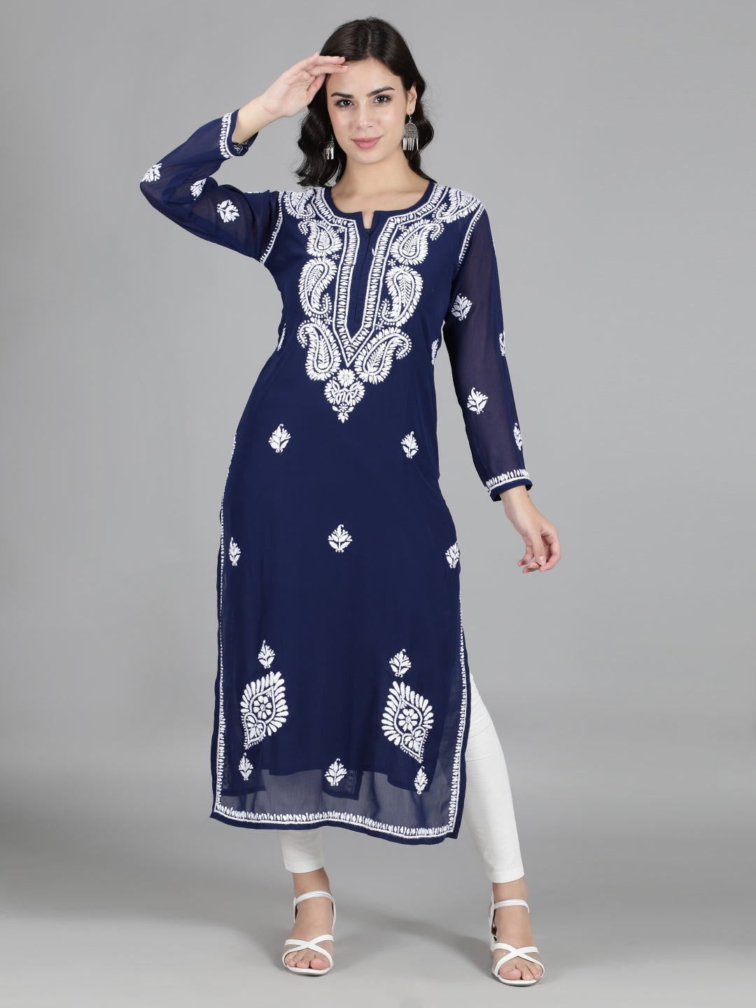 Hand-Embroidered-Navy-Blue-Chikankari-Kurta