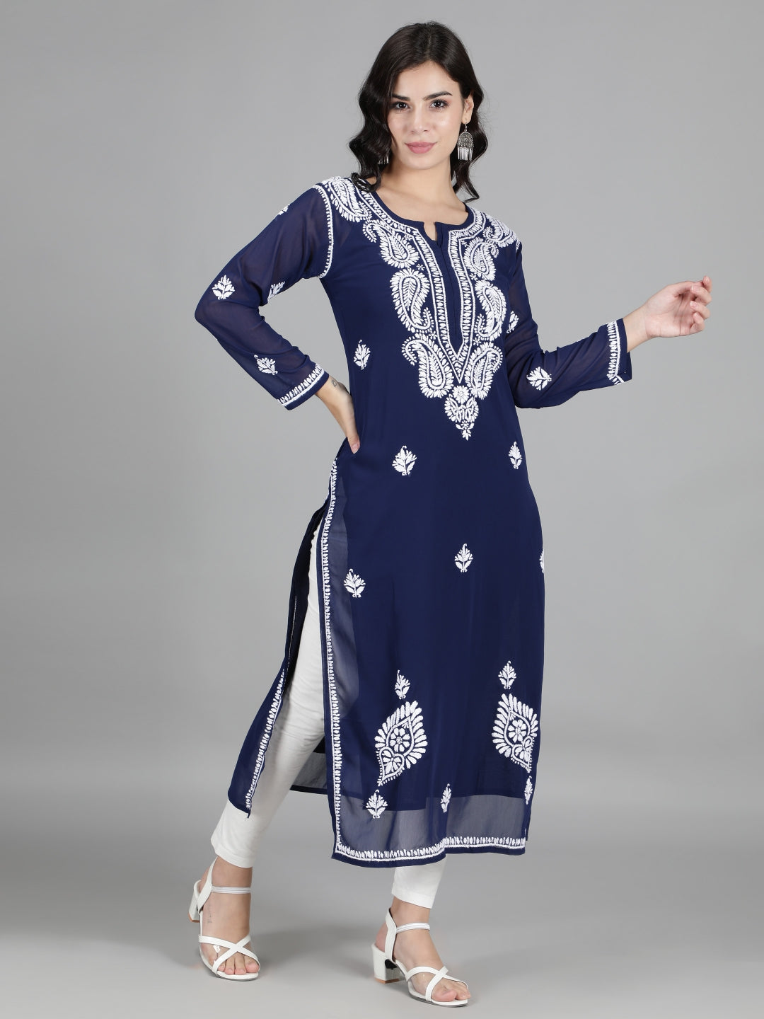 Hand-Embroidered-Navy-Blue-Chikankari-Kurta