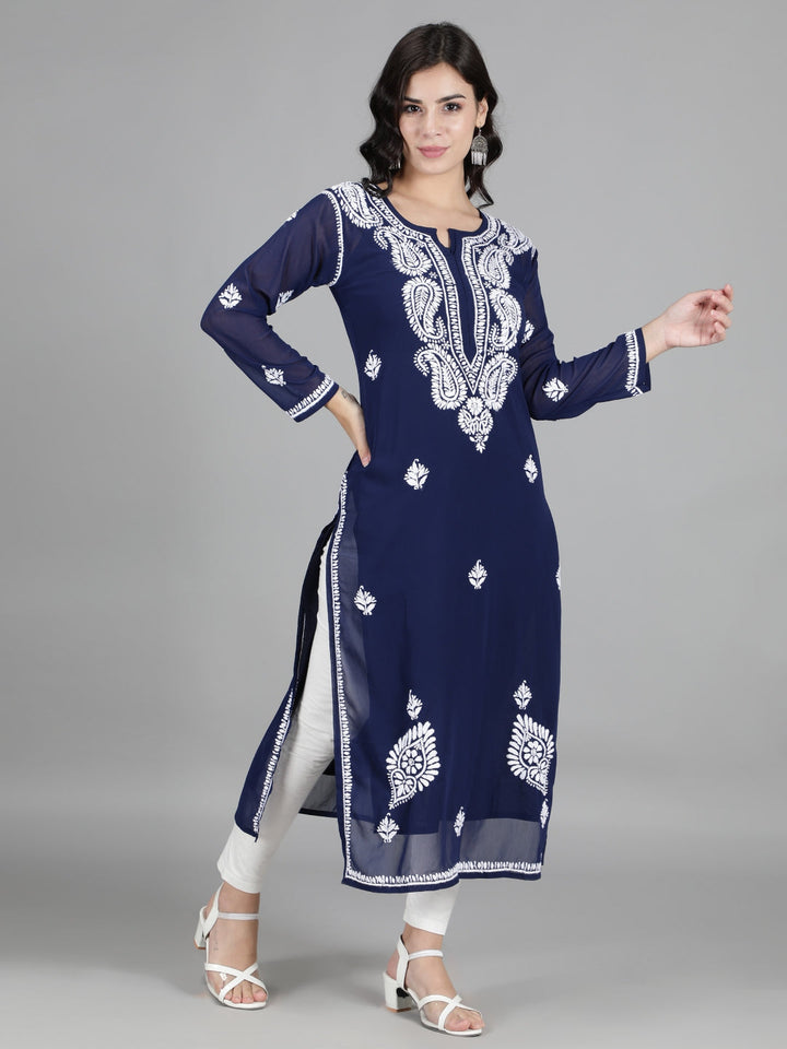 Hand-Embroidered-Navy-Blue-Chikankari-Kurta