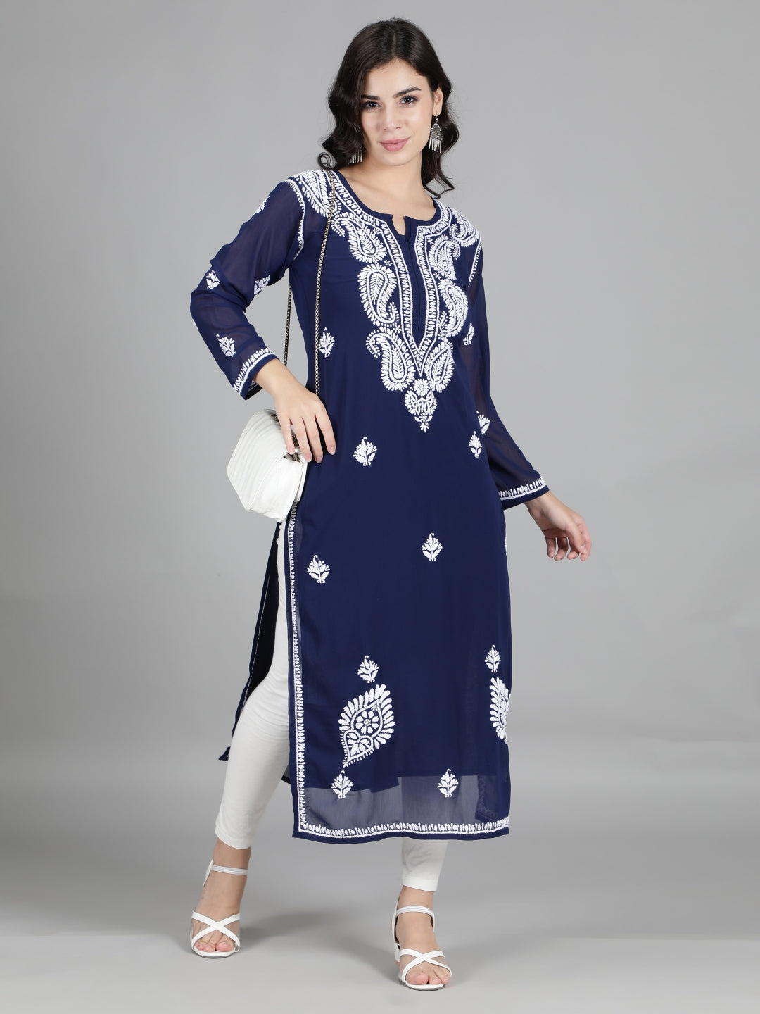 Hand-Embroidered-Navy-Blue-Chikankari-Kurta