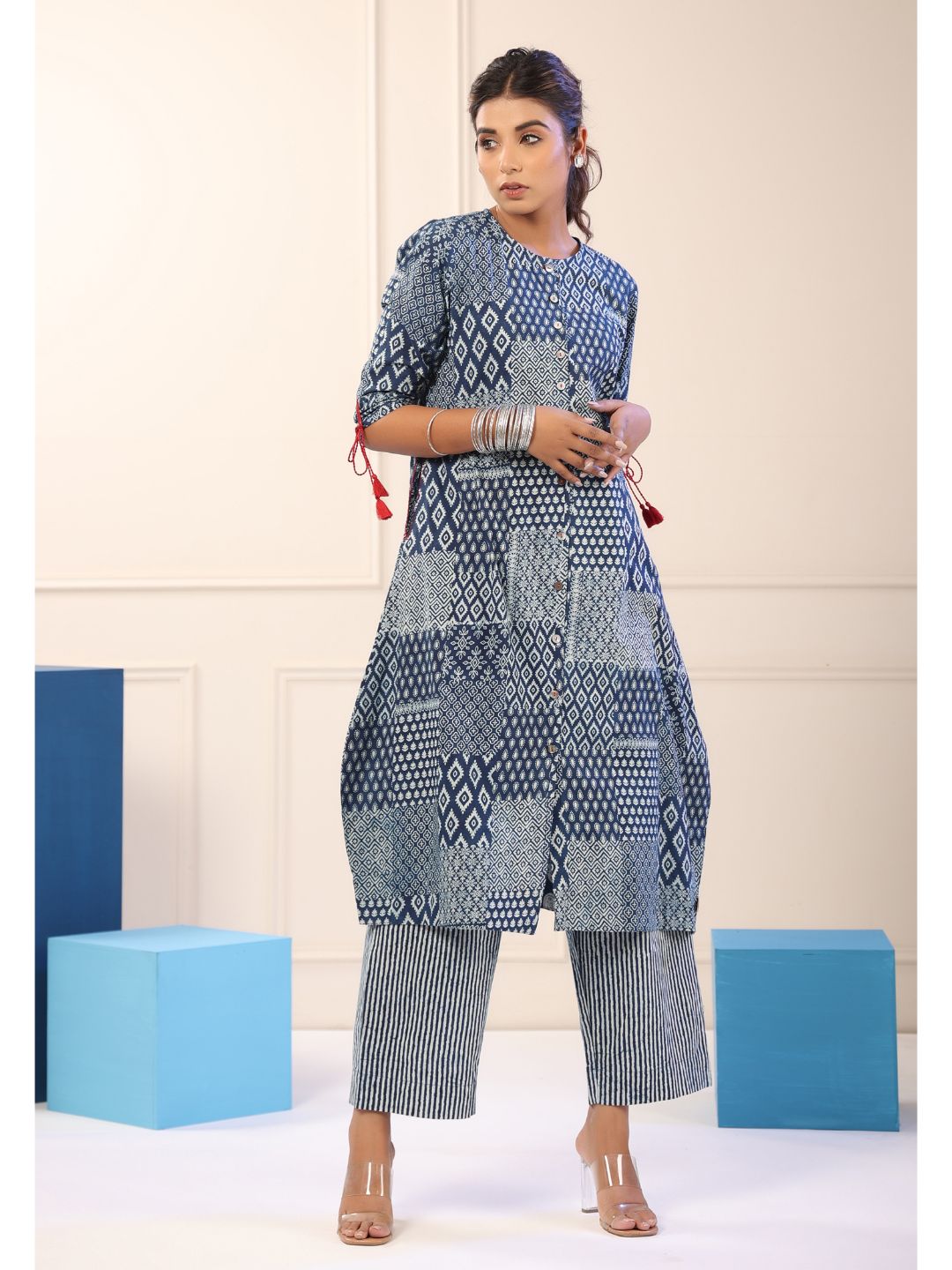 Harkha Indigo Blue Printed A-line Kurta