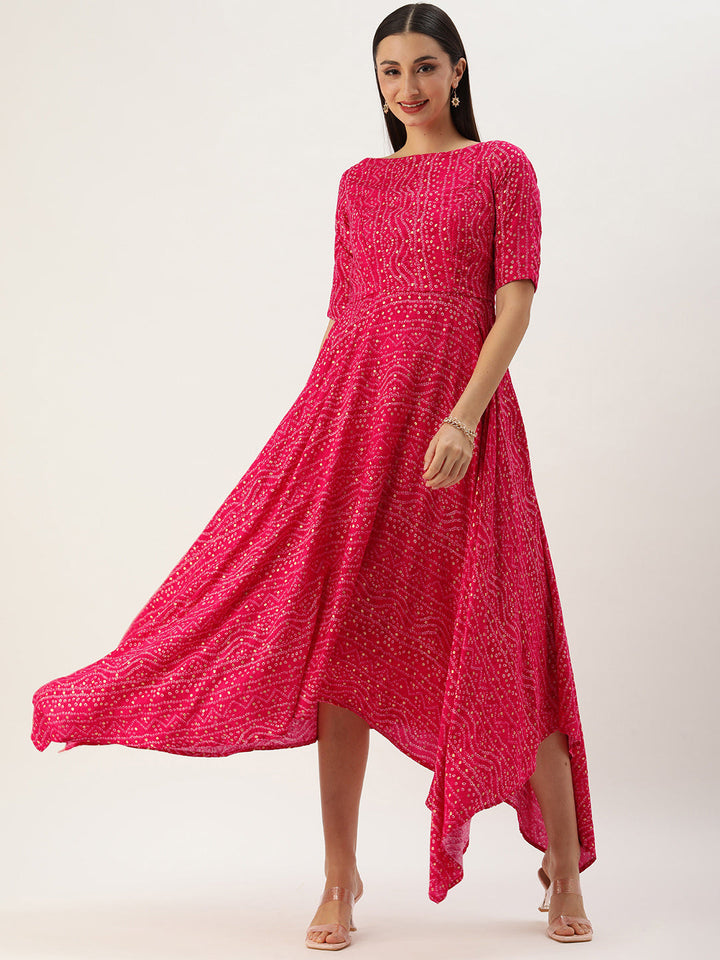 Hot Pink Bandhani Printed Rayon Hankerchief Dress