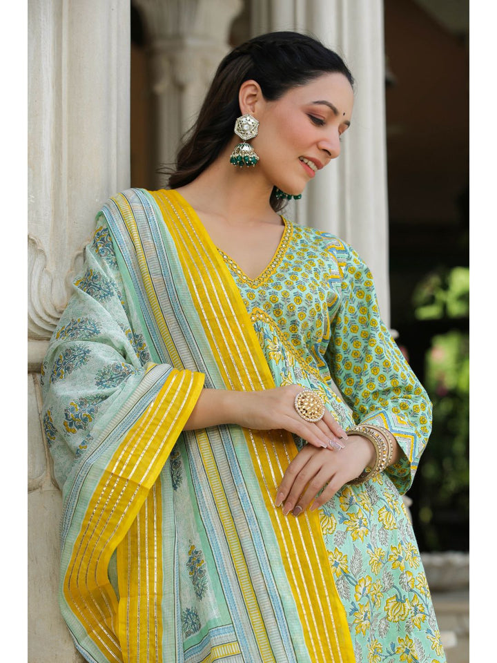 Humming Bird Green Printed Cotton Suit Set