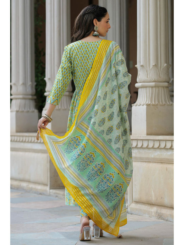 Humming Bird Green Printed Cotton Suit Set
