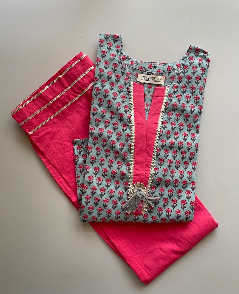Booti Print Blue And Grey Kurta Pant Set
