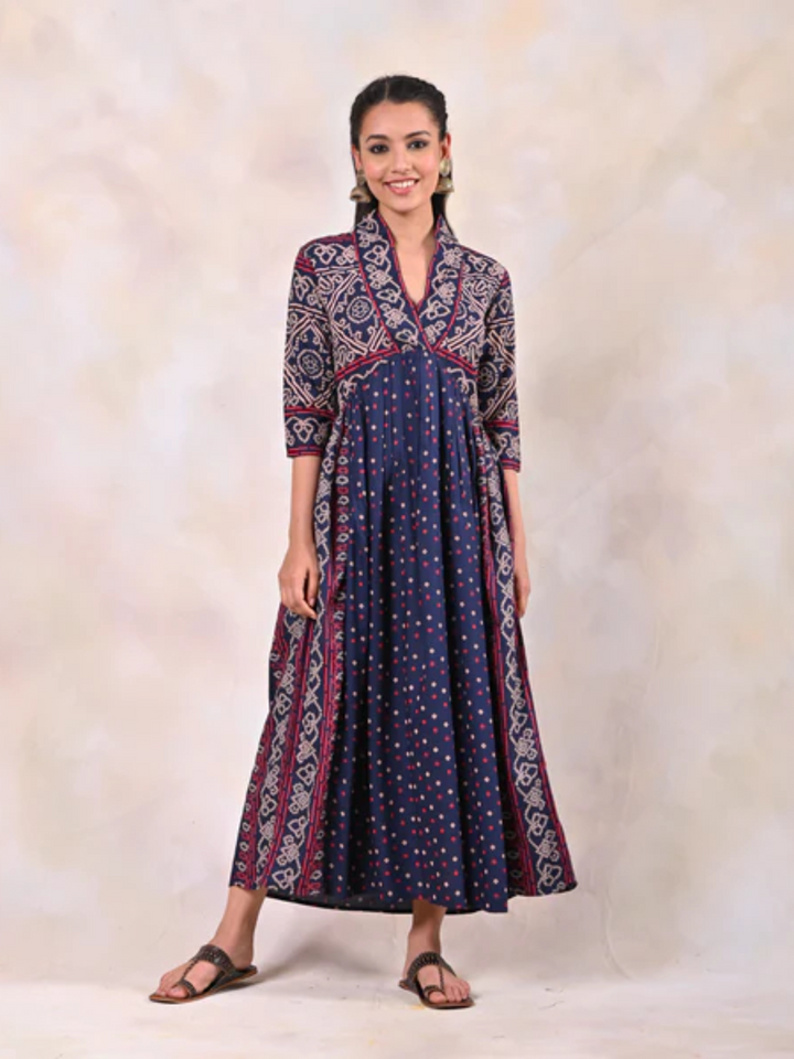 Indigo-Bandhani-V-Neck-Gathered-Dress