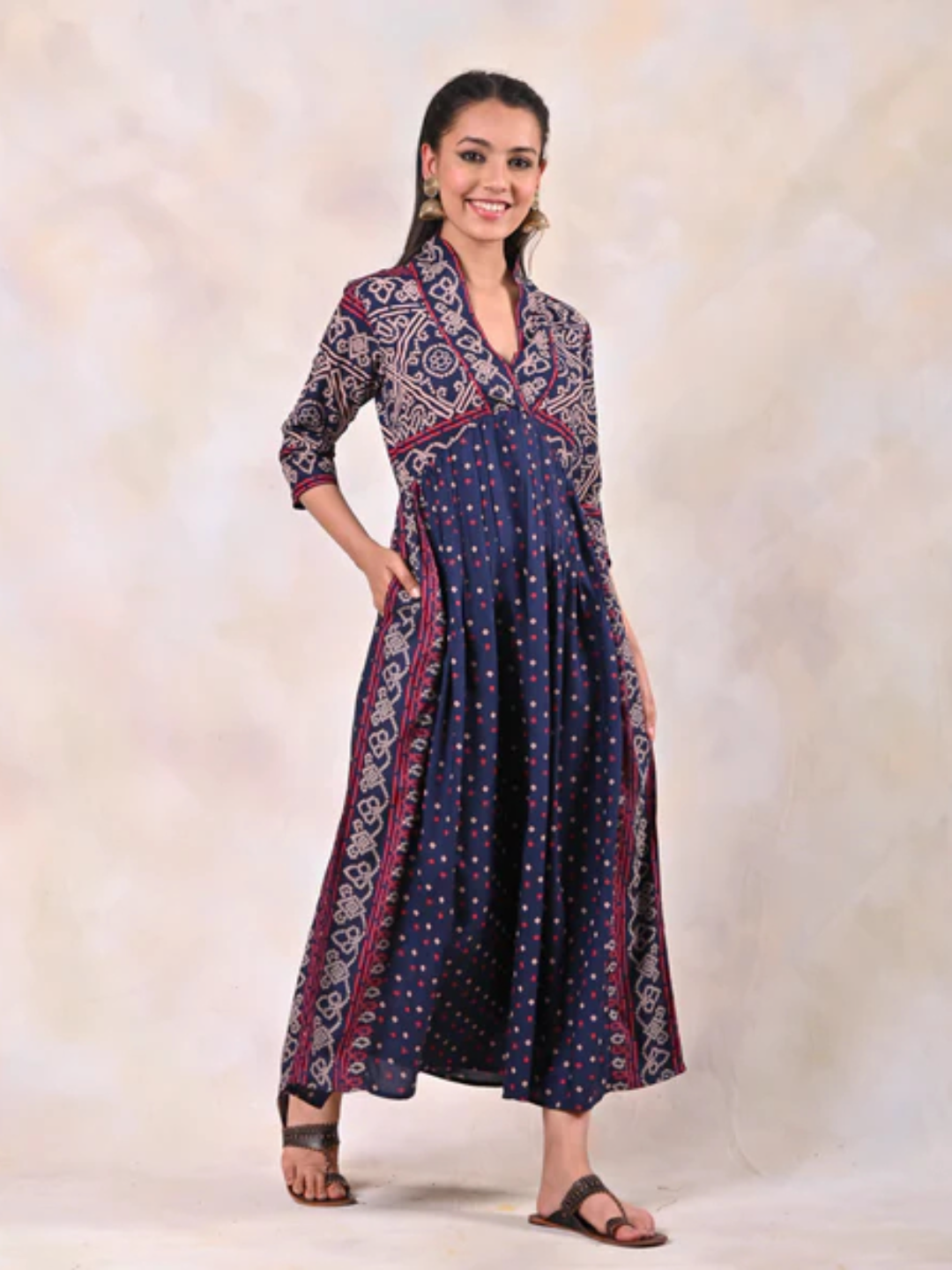 Indigo-Bandhani-V-Neck-Gathered-Dress