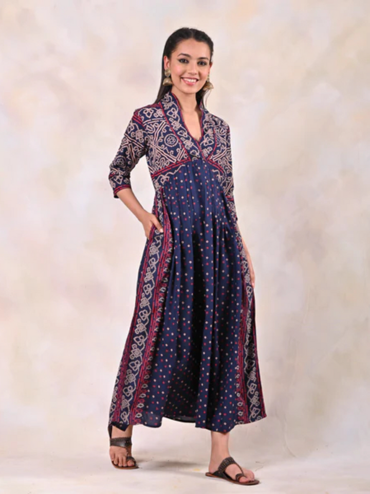 Indigo-Bandhani-V-Neck-Gathered-Dress
