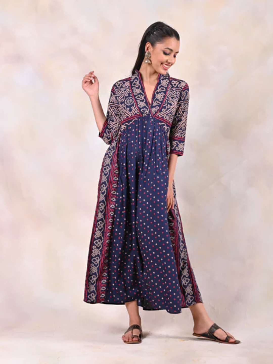 Indigo-Bandhani-V-Neck-Gathered-Dress