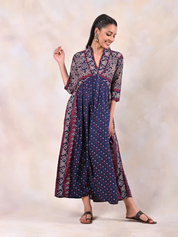 Indigo-Bandhani-V-Neck-Gathered-Dress