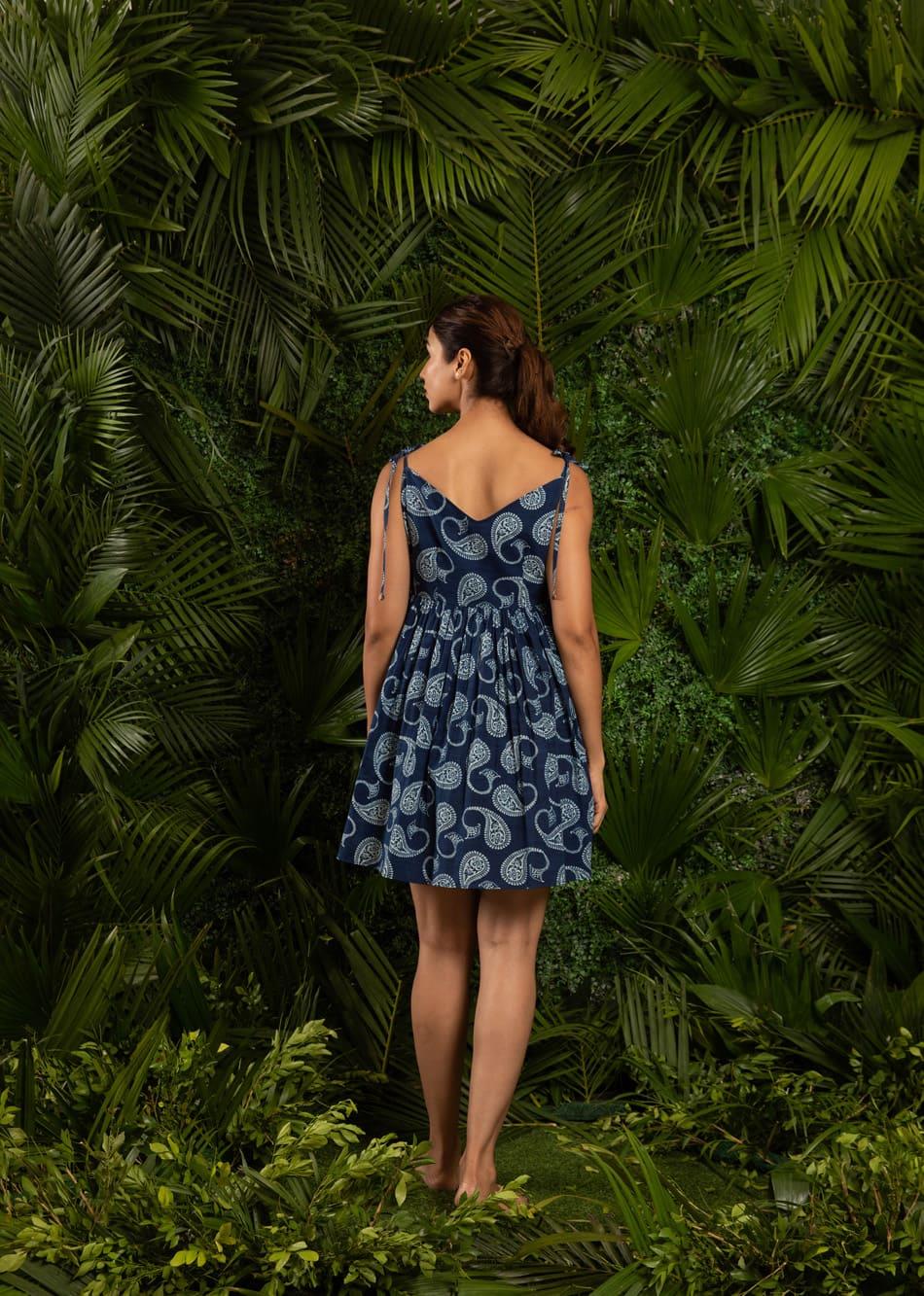 Indigo Blue Mini Dress with Knot Tie-Up Sleeves