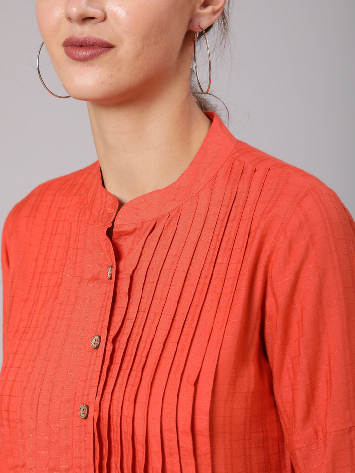 Orange-Rayon-Pleated-Mandarian-Collar-Shirt