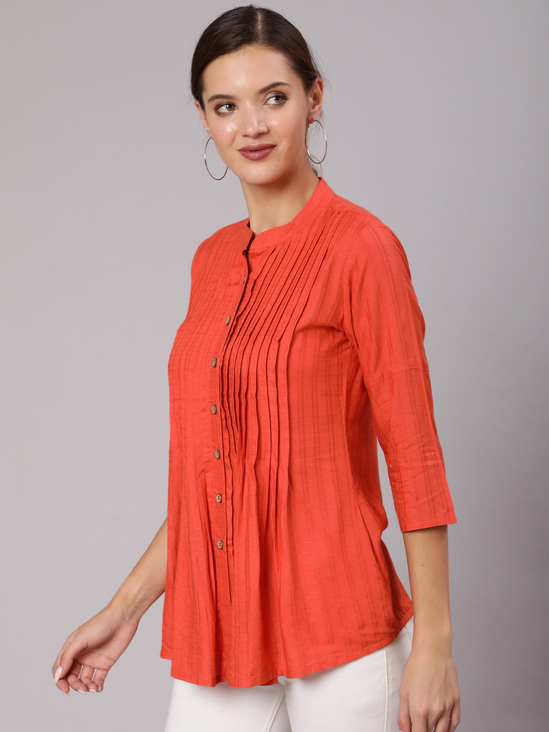 Orange-Rayon-Pleated-Mandarian-Collar-Shirt