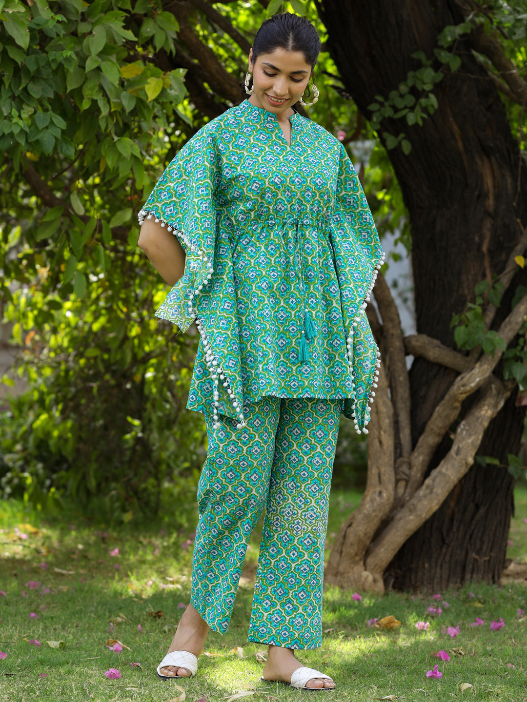 Green-Cotton-Kaftan-Top-With-Pants-Loungewear