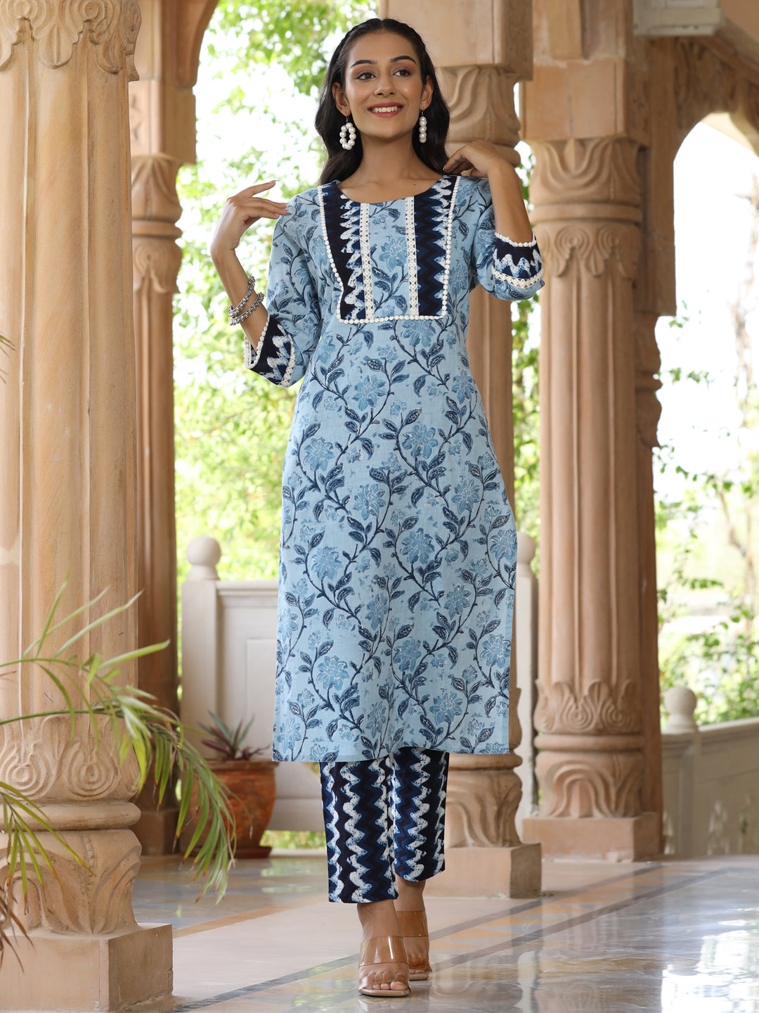 Blue-Floral-Straight-Kurta-With-Printed-Pants