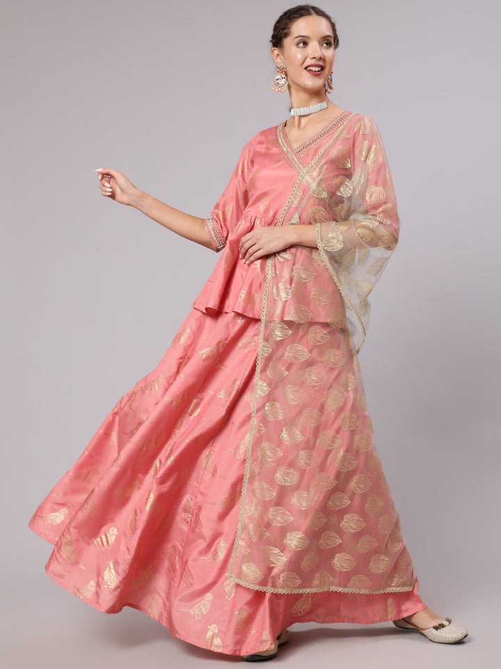 Peach Pink Silk Blend Skirt Set With Net Dupatta