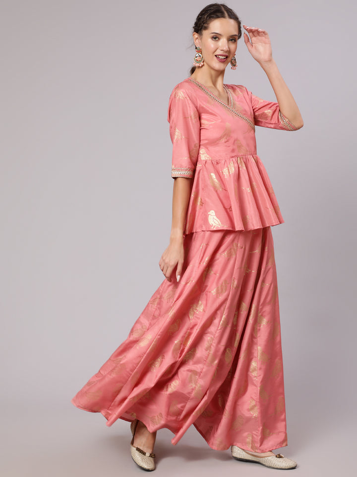 Peach Pink Silk Blend Skirt Set With Net Dupatta