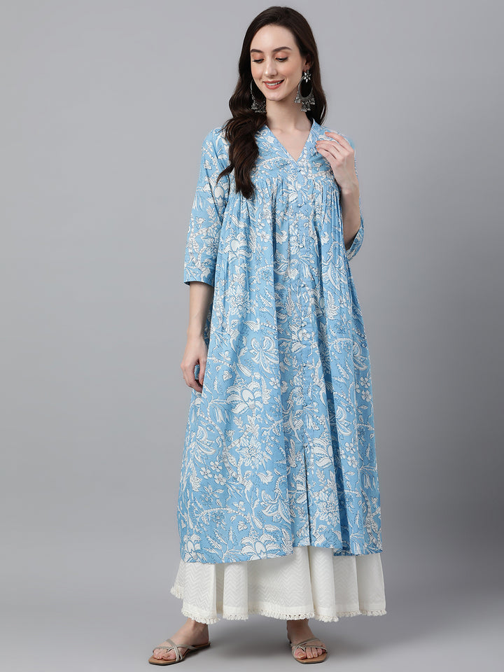 ZERESOUQ-Sky-Blue-Cotton-Floral-Printed-Flared-Kurta