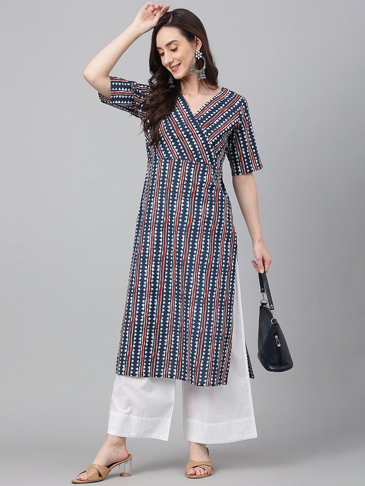 ZERESOUQ-Blue-Cotton-Geometric-Print-Straight-Kurta