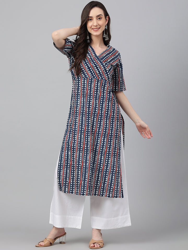 ZERESOUQ-Blue-Cotton-Geometric-Print-Straight-Kurta