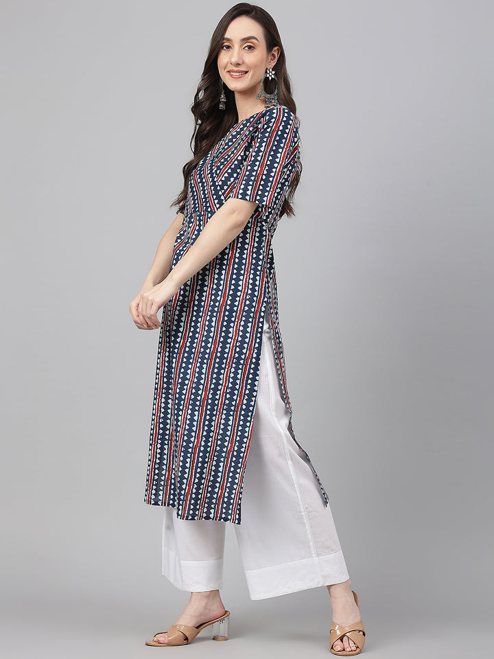 ZERESOUQ-Blue-Cotton-Geometric-Print-Straight-Kurta