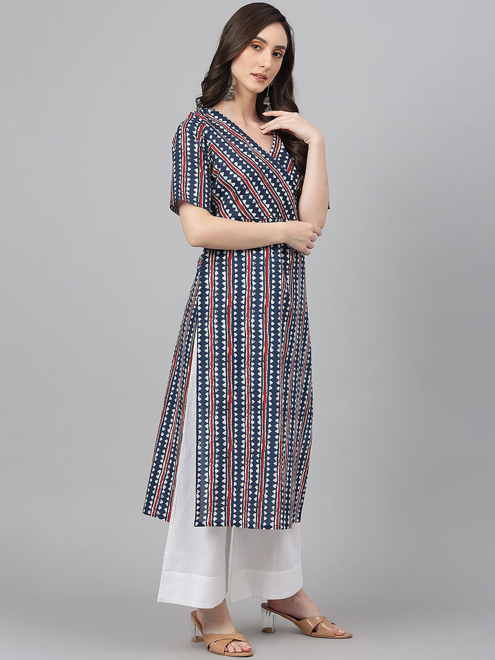 ZERESOUQ-Blue-Cotton-Geometric-Print-Straight-Kurta