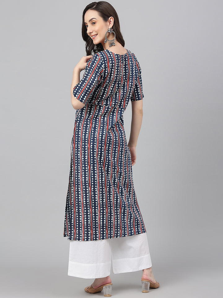 ZERESOUQ-Blue-Cotton-Geometric-Print-Straight-Kurta