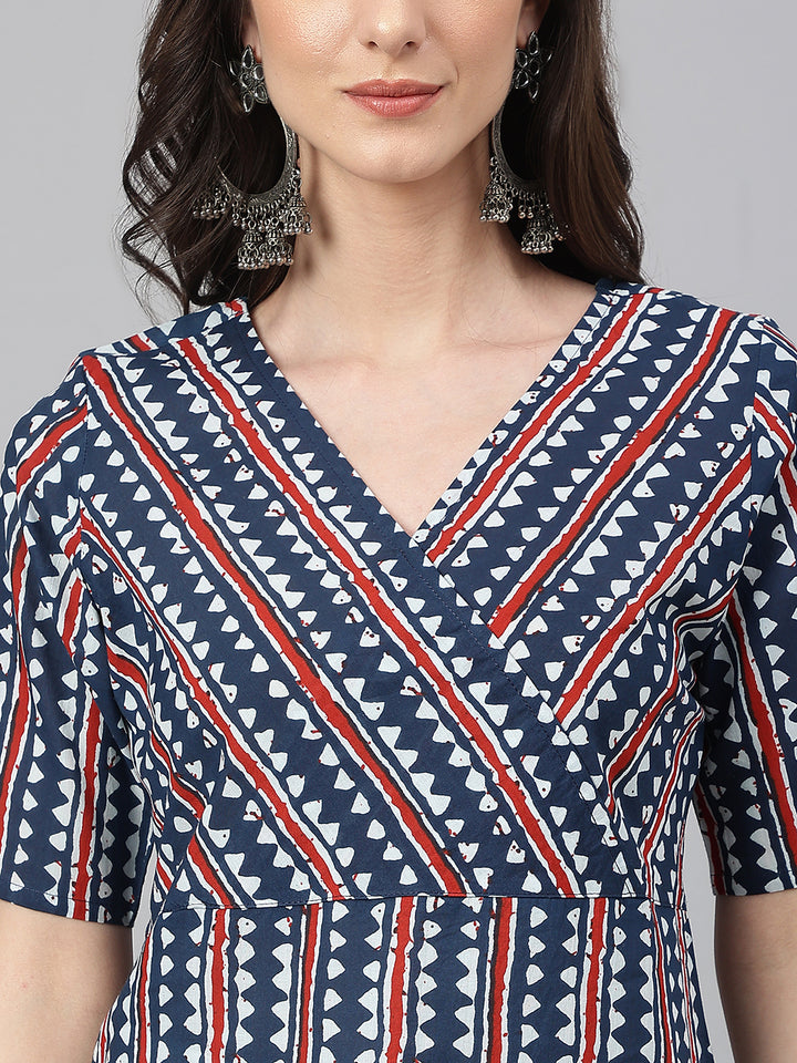 ZERESOUQ-Blue-Cotton-Geometric-Print-Straight-Kurta