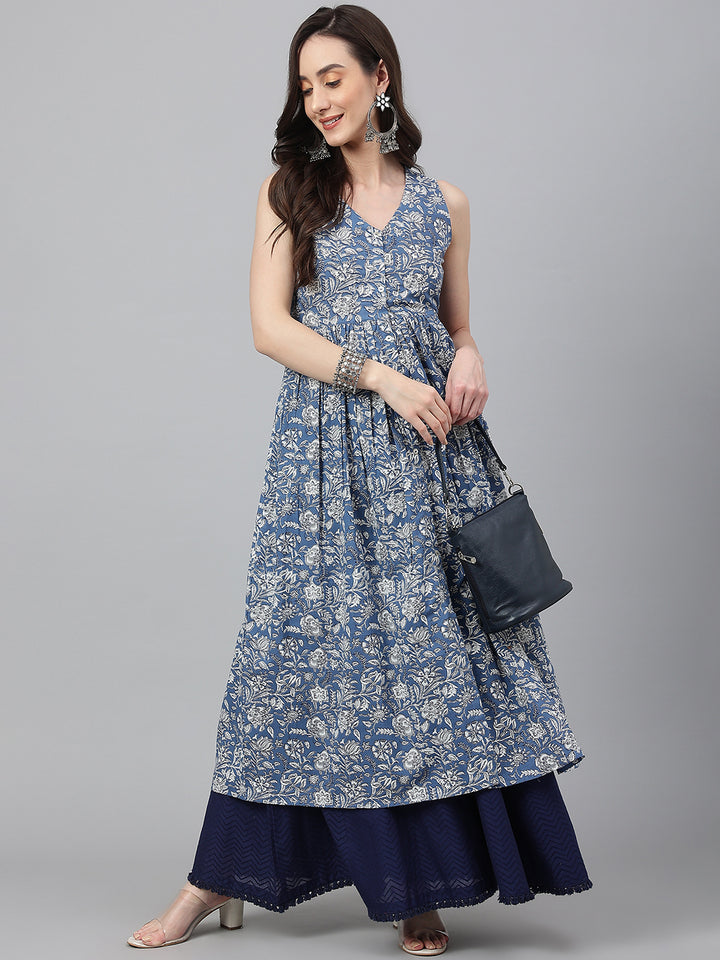 ZERESOUQ-Slate-Blue-Cotton-Floral-Print-Kalidar-Kurta