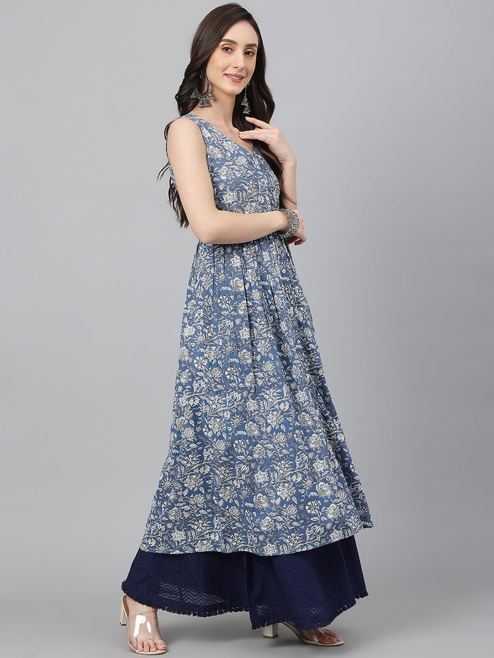ZERESOUQ-Slate-Blue-Cotton-Floral-Print-Kalidar-Kurta