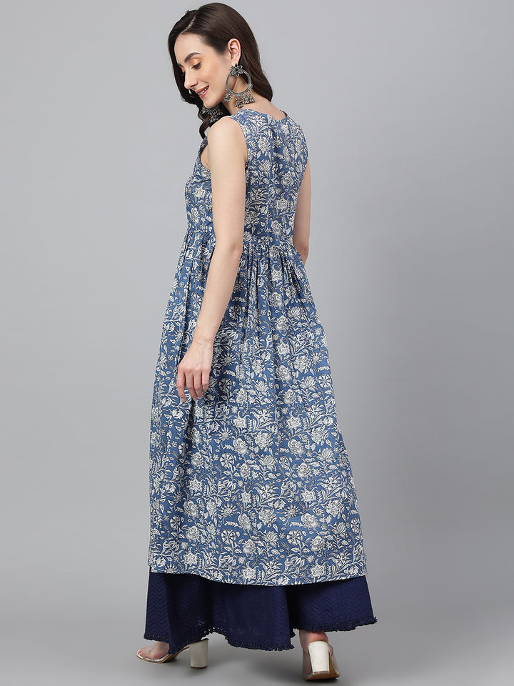 ZERESOUQ-Slate-Blue-Cotton-Floral-Print-Kalidar-Kurta