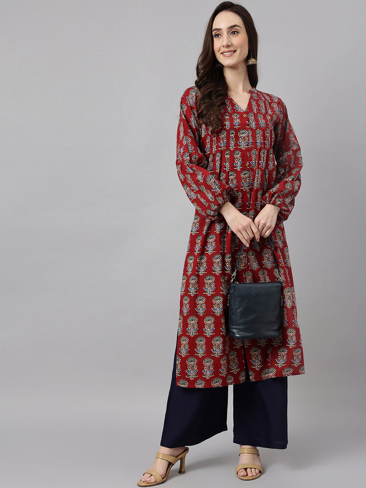 ZERESOUQ-Maroon-Cotton-Floral-Printed-Flared-Kurta