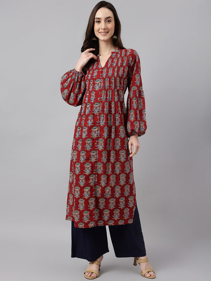 ZERESOUQ-Maroon-Cotton-Floral-Printed-Flared-Kurta