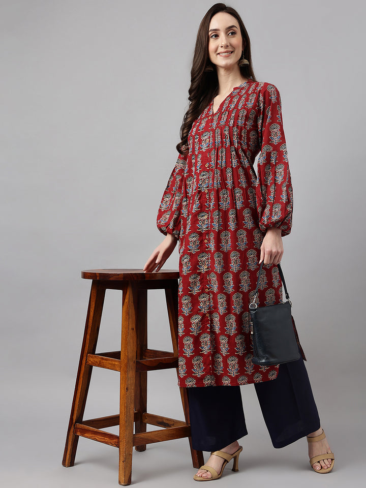 ZERESOUQ-Maroon-Cotton-Floral-Printed-Flared-Kurta