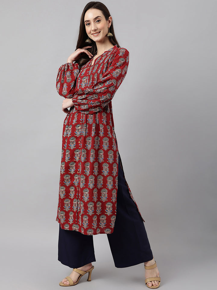 ZERESOUQ-Maroon-Cotton-Floral-Printed-Flared-Kurta
