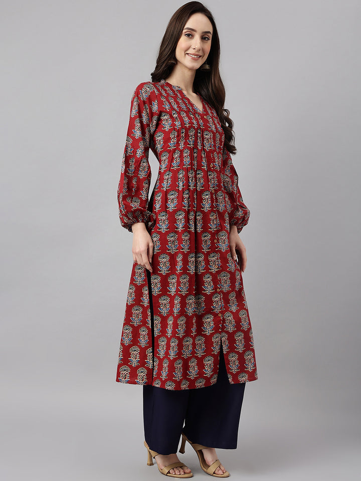 ZERESOUQ-Maroon-Cotton-Floral-Printed-Flared-Kurta