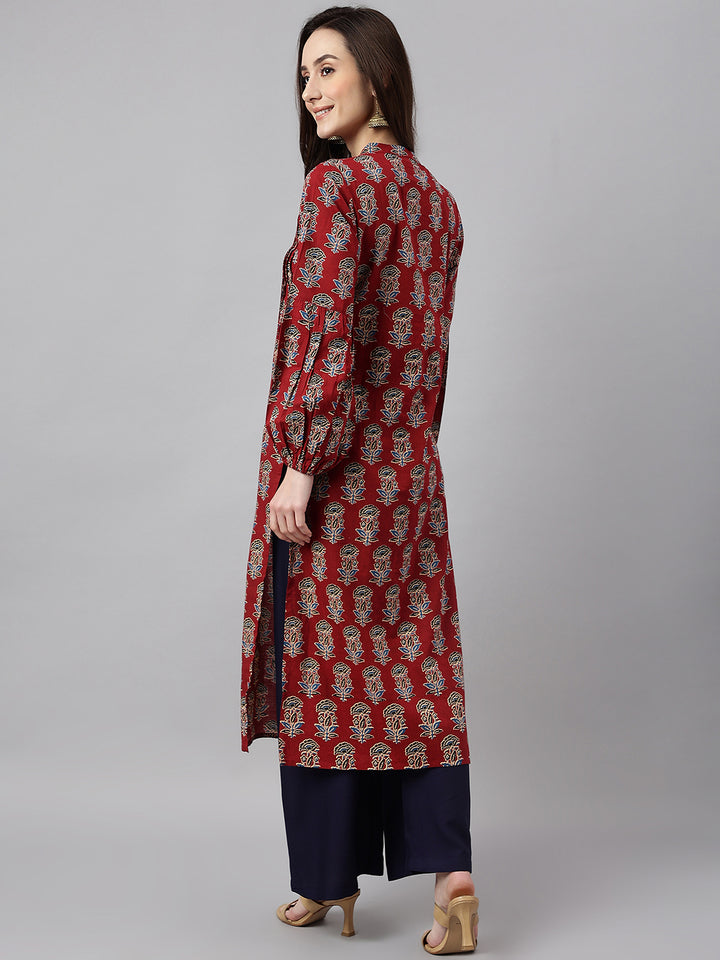 ZERESOUQ-Maroon-Cotton-Floral-Printed-Flared-Kurta