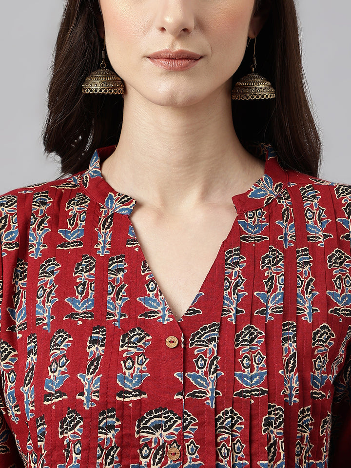 ZERESOUQ-Maroon-Cotton-Floral-Printed-Flared-Kurta
