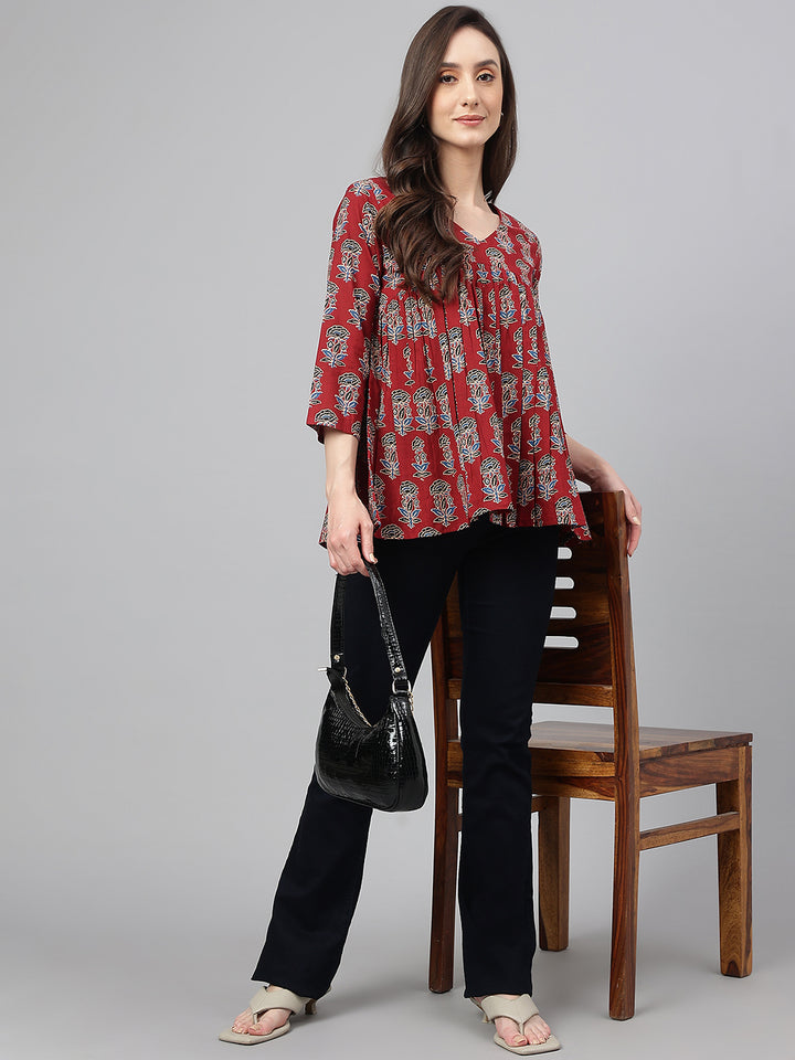 ZERESOUQ-Maroon-Cotton-Floral-Print-Pleated-Peplum-Top