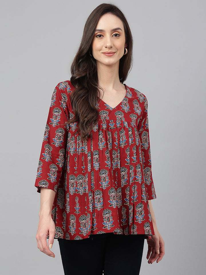 ZERESOUQ-Maroon-Cotton-Floral-Print-Pleated-Peplum-Top