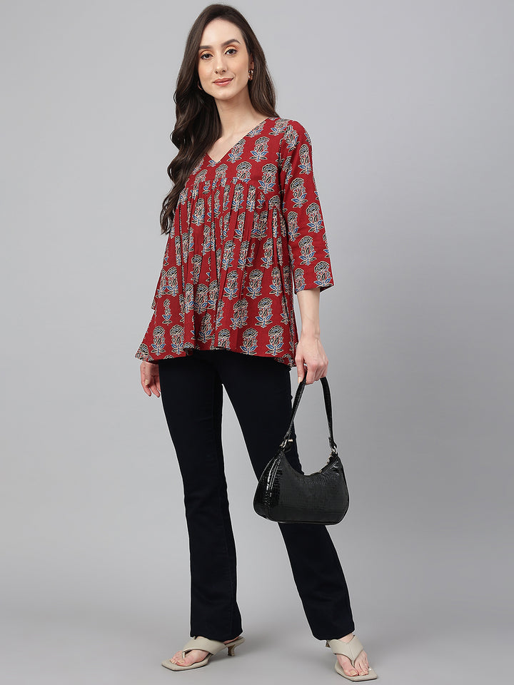 ZERESOUQ-Maroon-Cotton-Floral-Print-Pleated-Peplum-Top