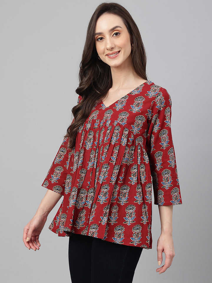 ZERESOUQ-Maroon-Cotton-Floral-Print-Pleated-Peplum-Top