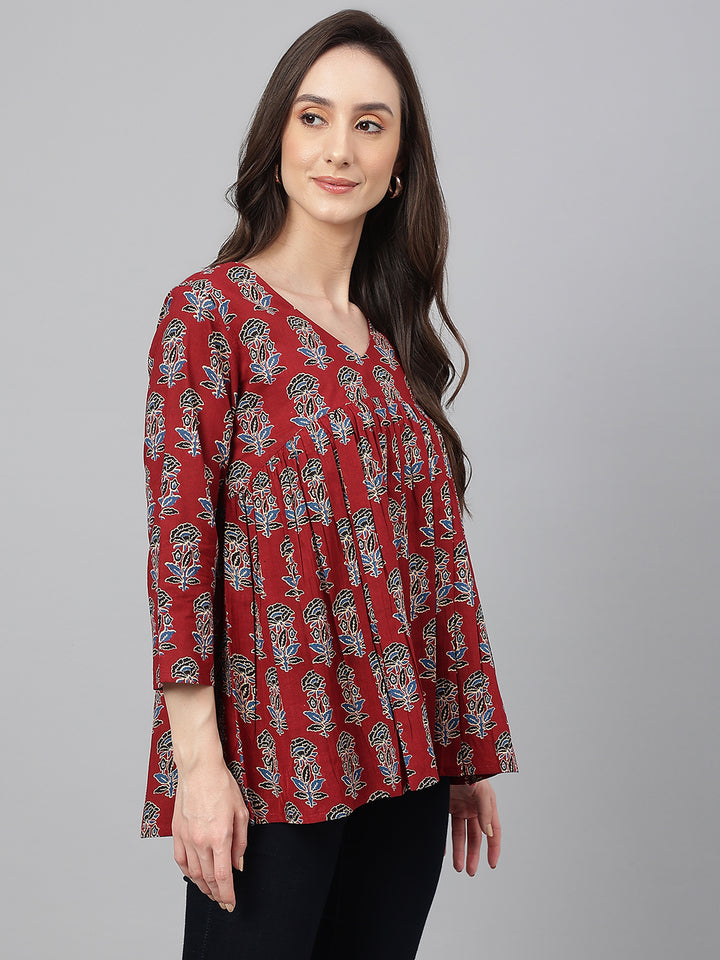 ZERESOUQ-Maroon-Cotton-Floral-Print-Pleated-Peplum-Top