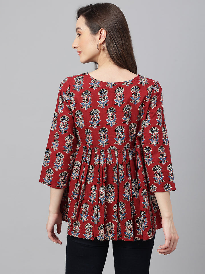 ZERESOUQ-Maroon-Cotton-Floral-Print-Pleated-Peplum-Top