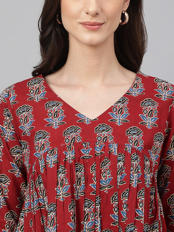 ZERESOUQ-Maroon-Cotton-Floral-Print-Pleated-Peplum-Top