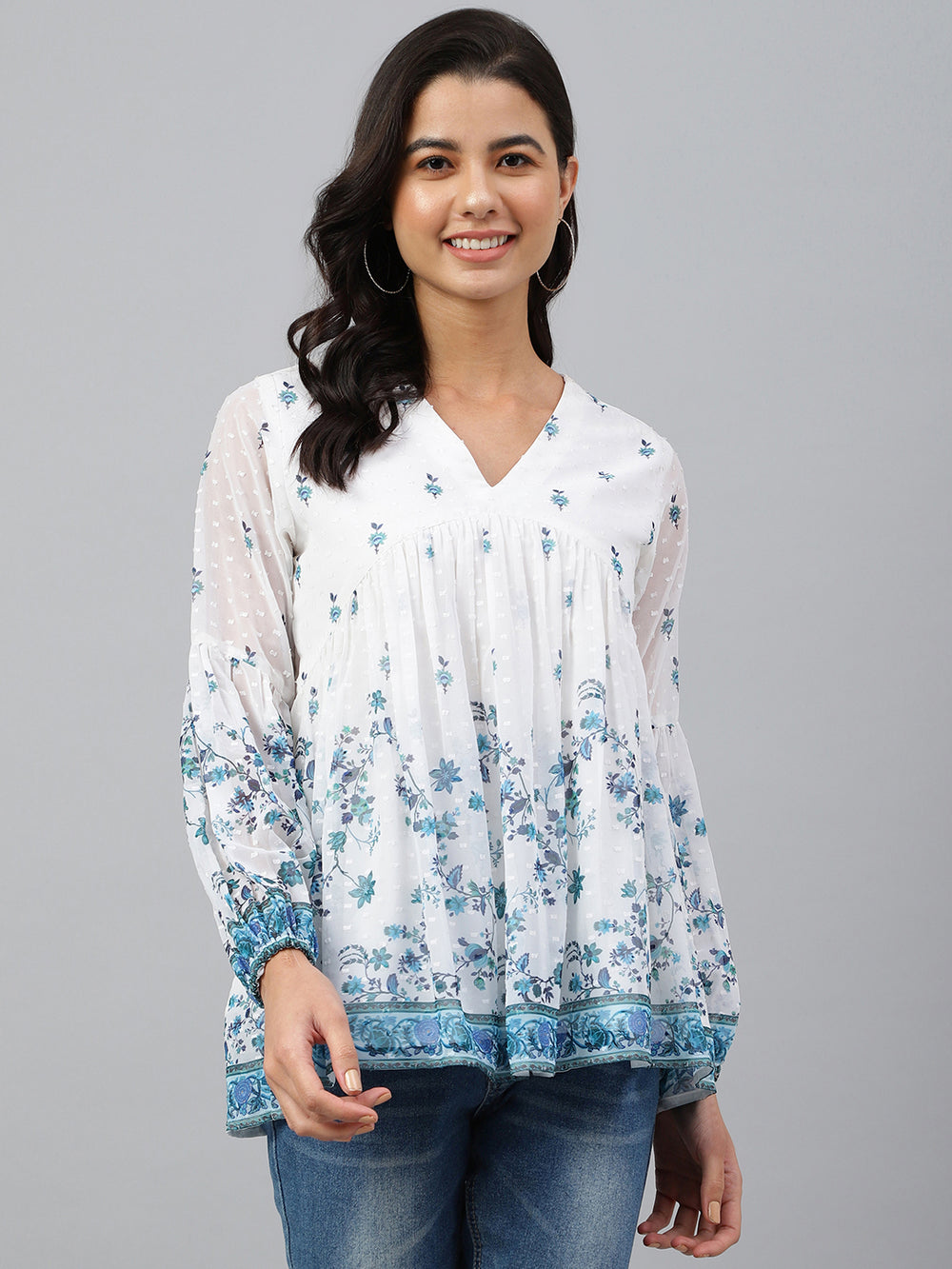 ZERESOUQ-White-Dobby-Georgette-Digital-Print-Flare-Top