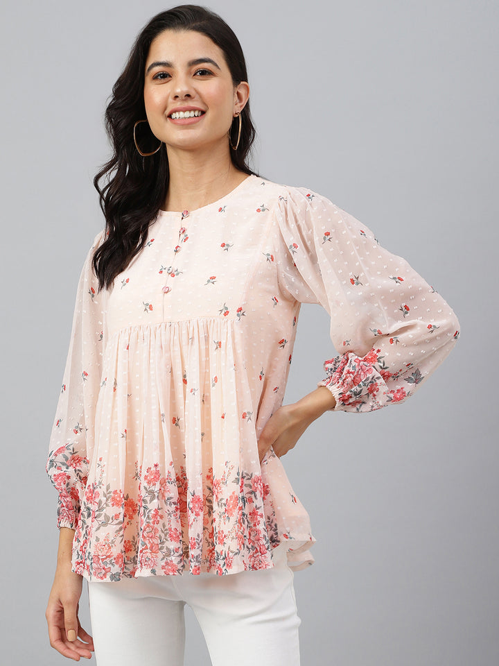 ZERESOUQ-Peach-Dobby-Georgette-Digital-Print-Flare-Top