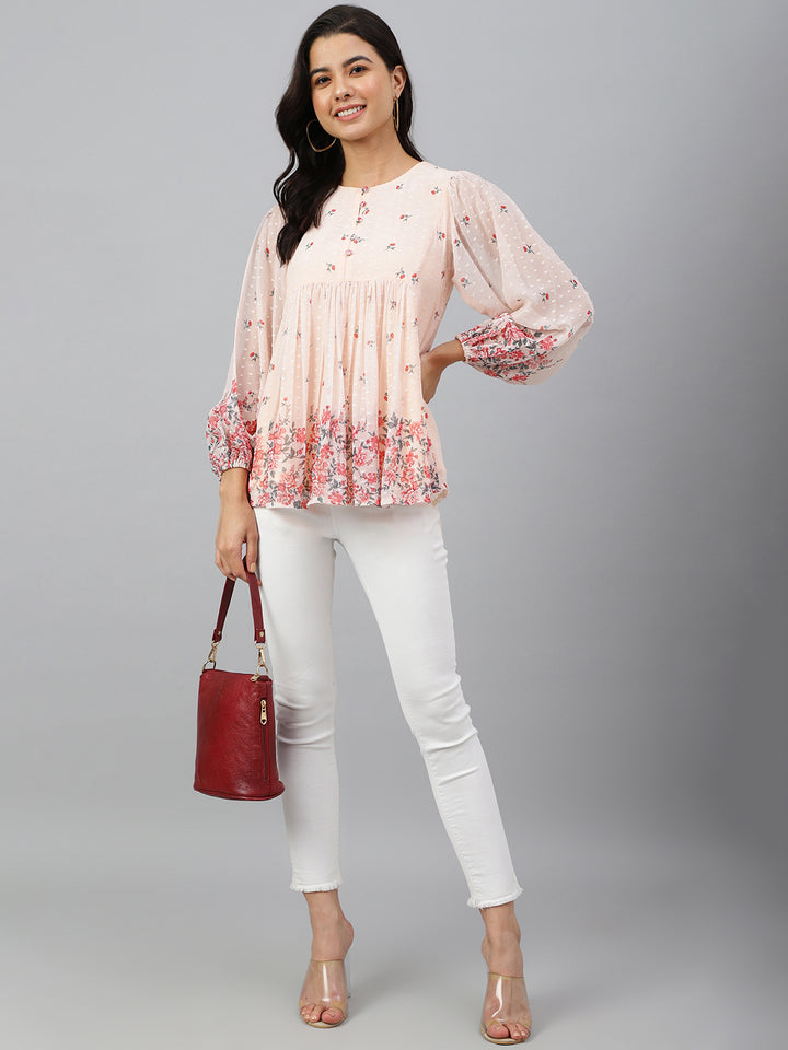 ZERESOUQ-Peach-Dobby-Georgette-Digital-Print-Flare-Top