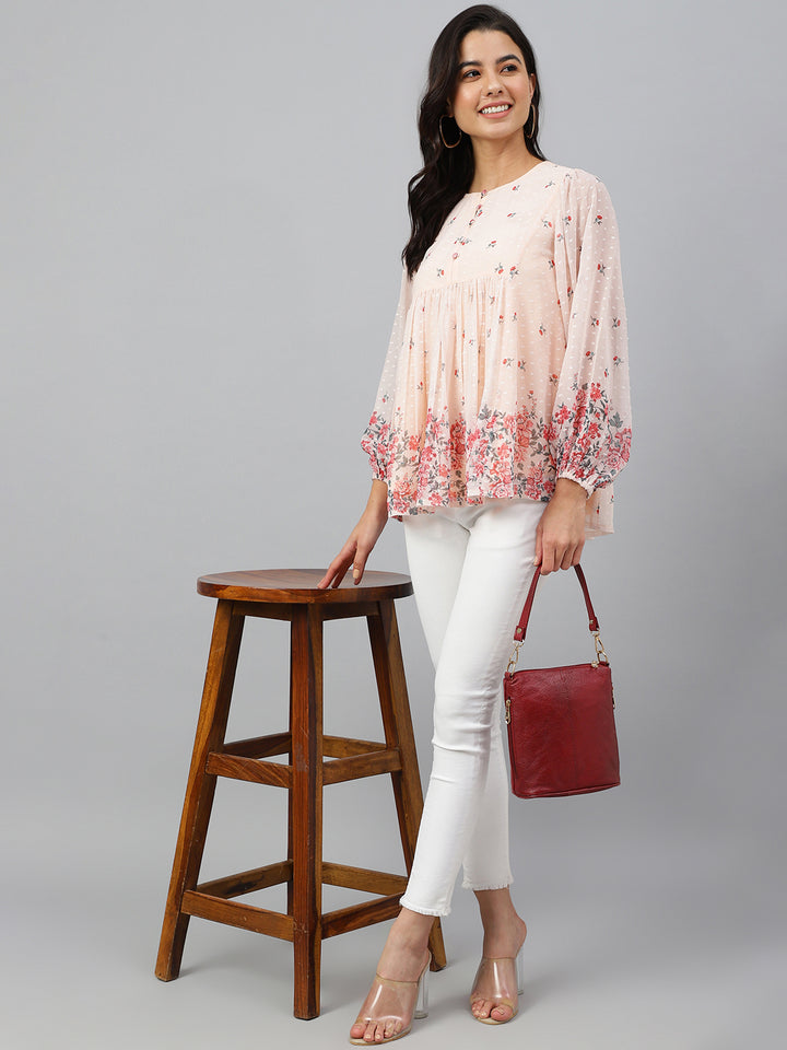 ZERESOUQ-Peach-Dobby-Georgette-Digital-Print-Flare-Top